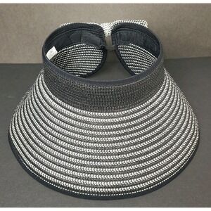 Magid Roll Up Visor Hat Womens Black White Straw Packable Adjustable Sun Hat